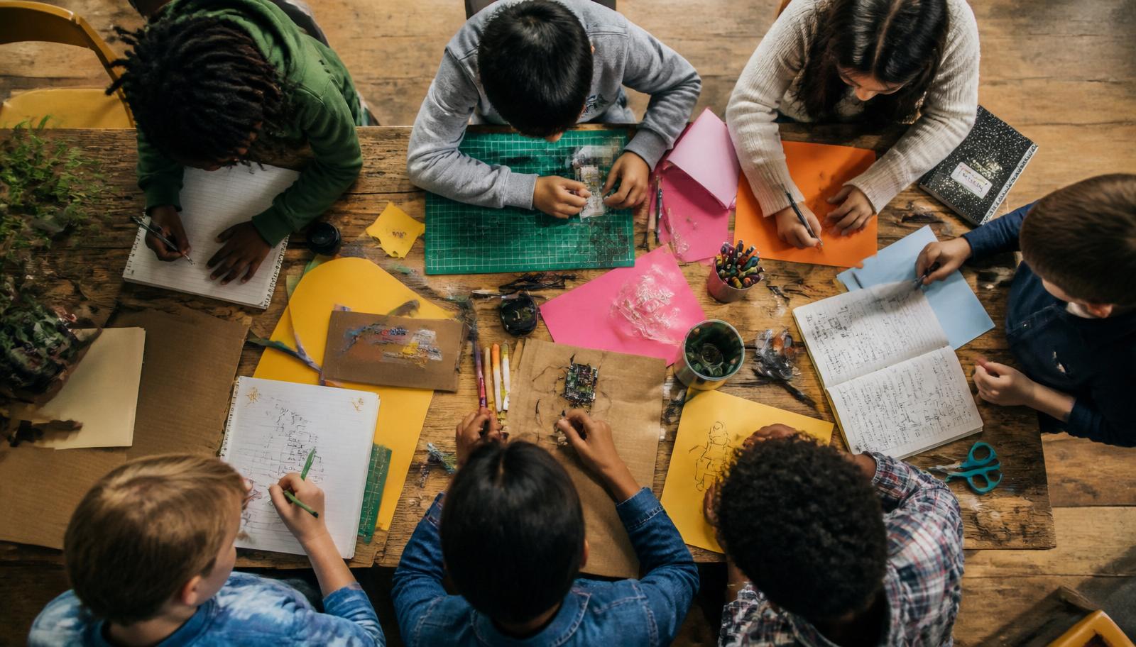 Children of many backgrounds collaborating on a creative maker project