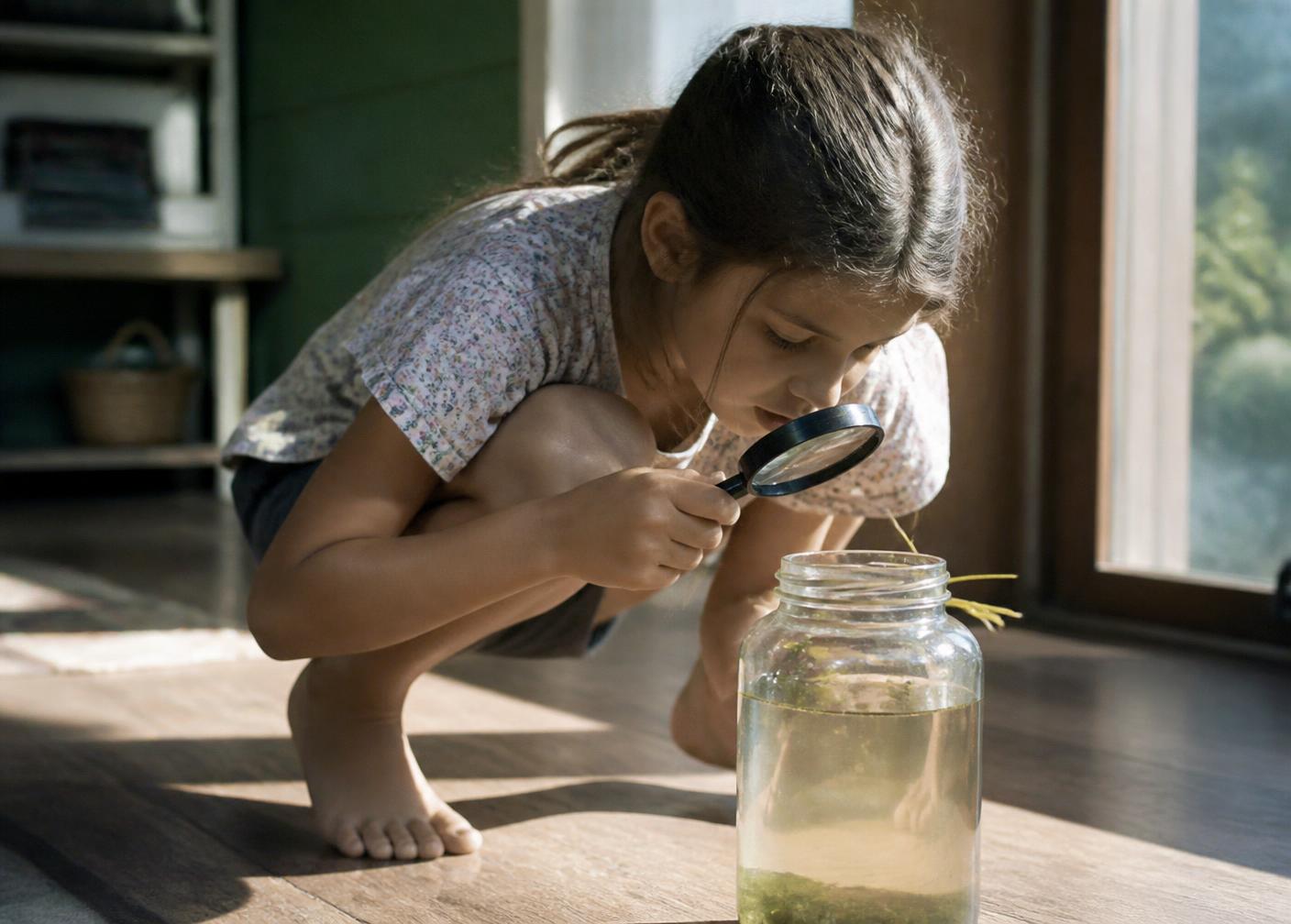 A child looking curiously at a glowing screen with an adult nearby